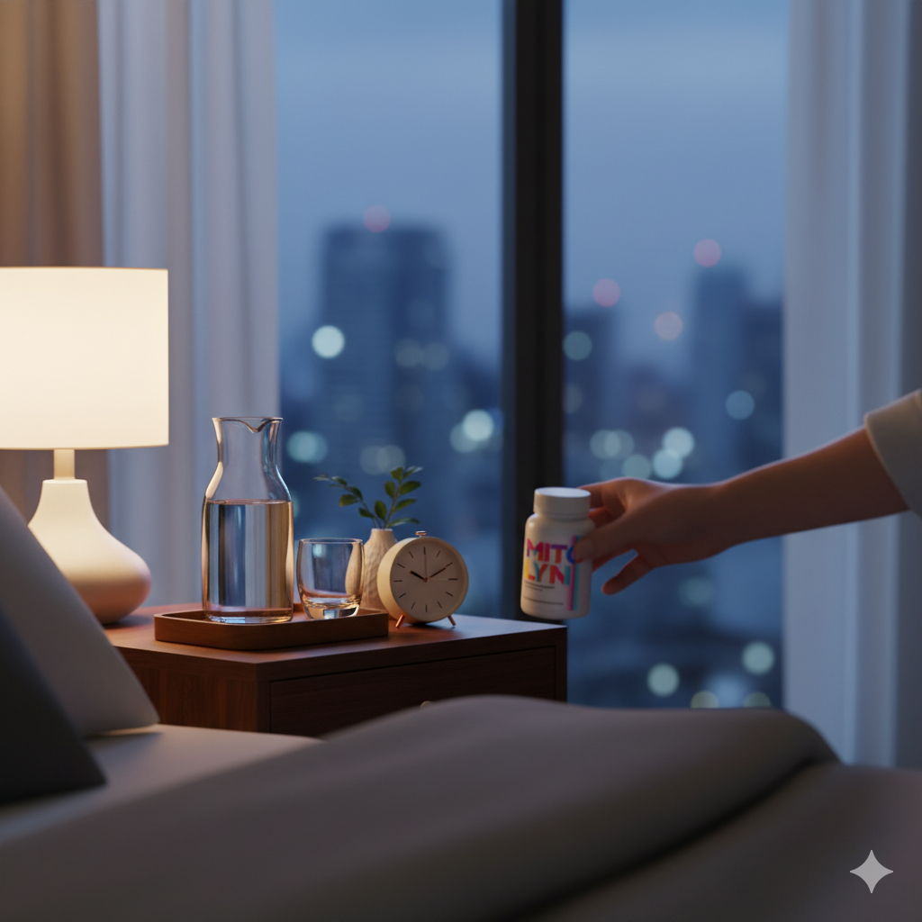 Hand reaching for a Mitolyn bottle on a softly lit nightstand beside water and a small clock.