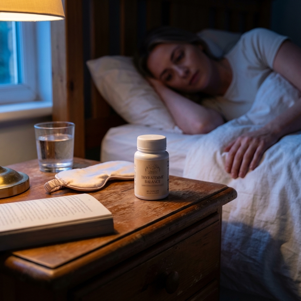 Thyrafemme Balance bottle on a nightstand in warm bedside light