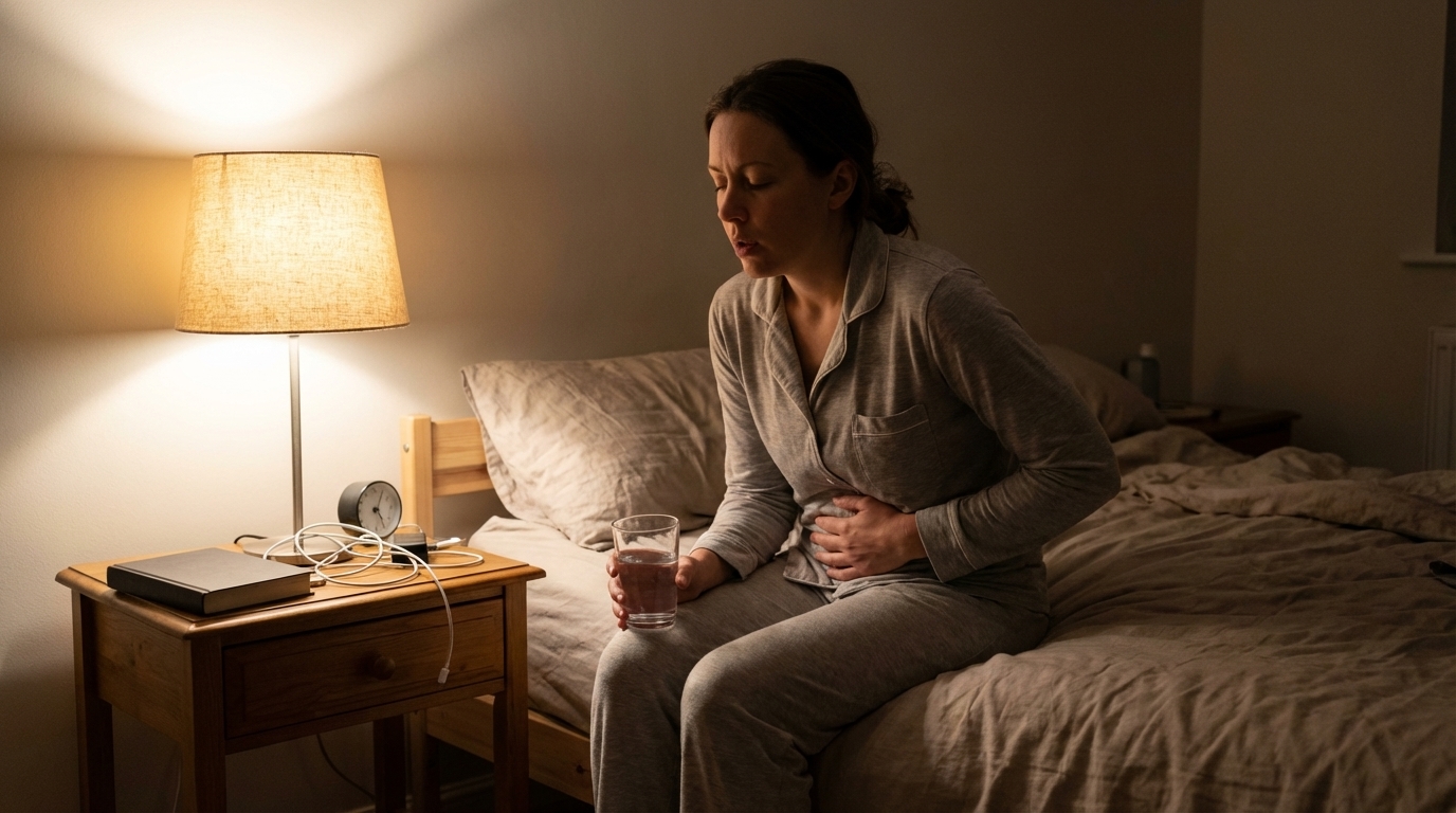 Tired woman sitting on bed at night holding water