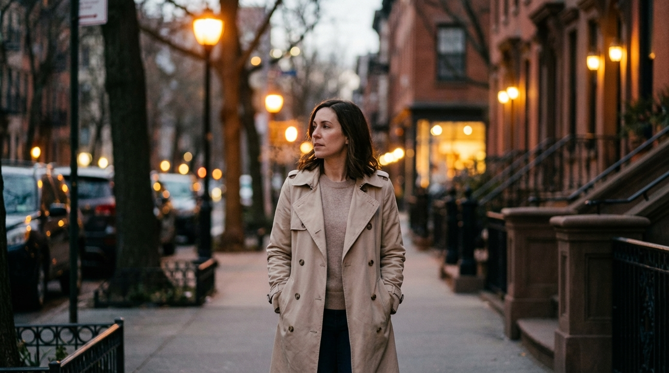 Woman walking at dusk with relaxed posture and soft streetlights behind