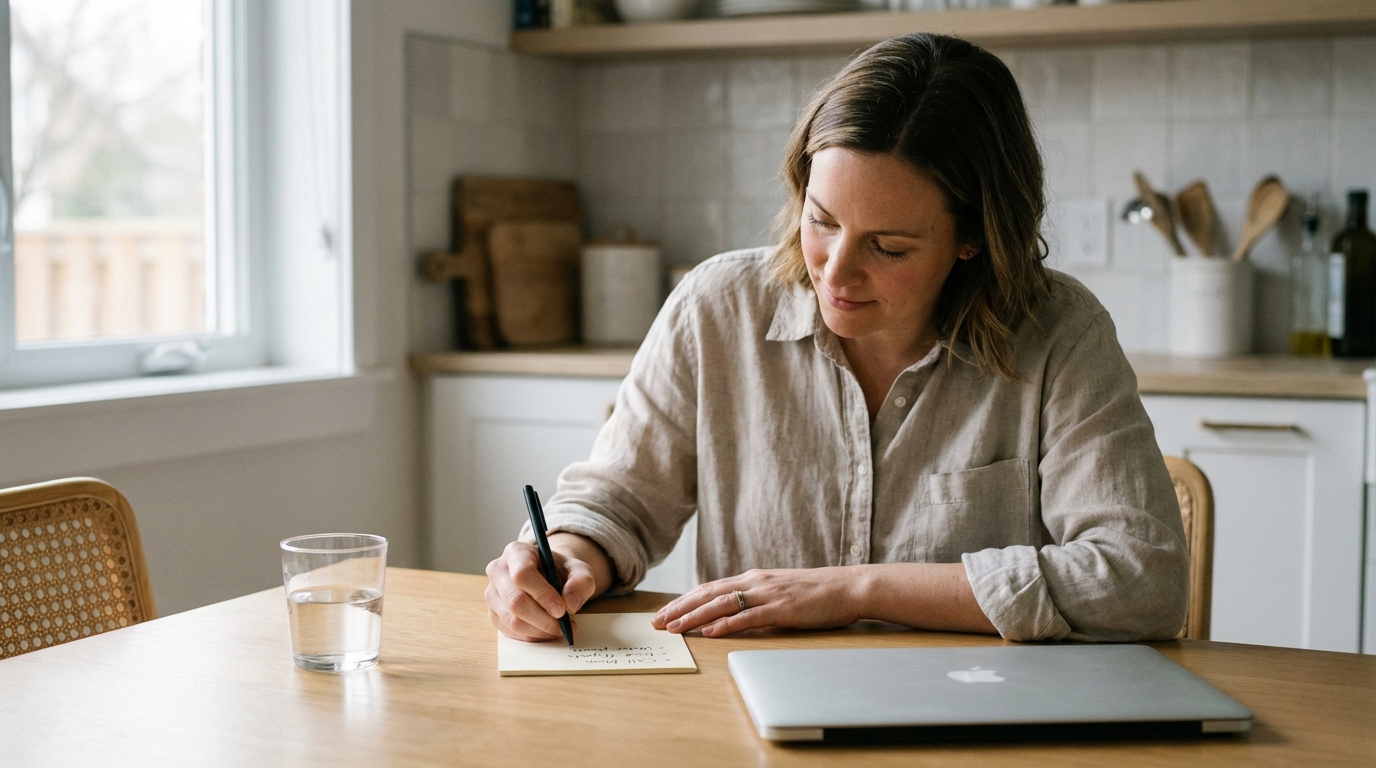 Woman writing simple tracking notes at a table beside a water glass