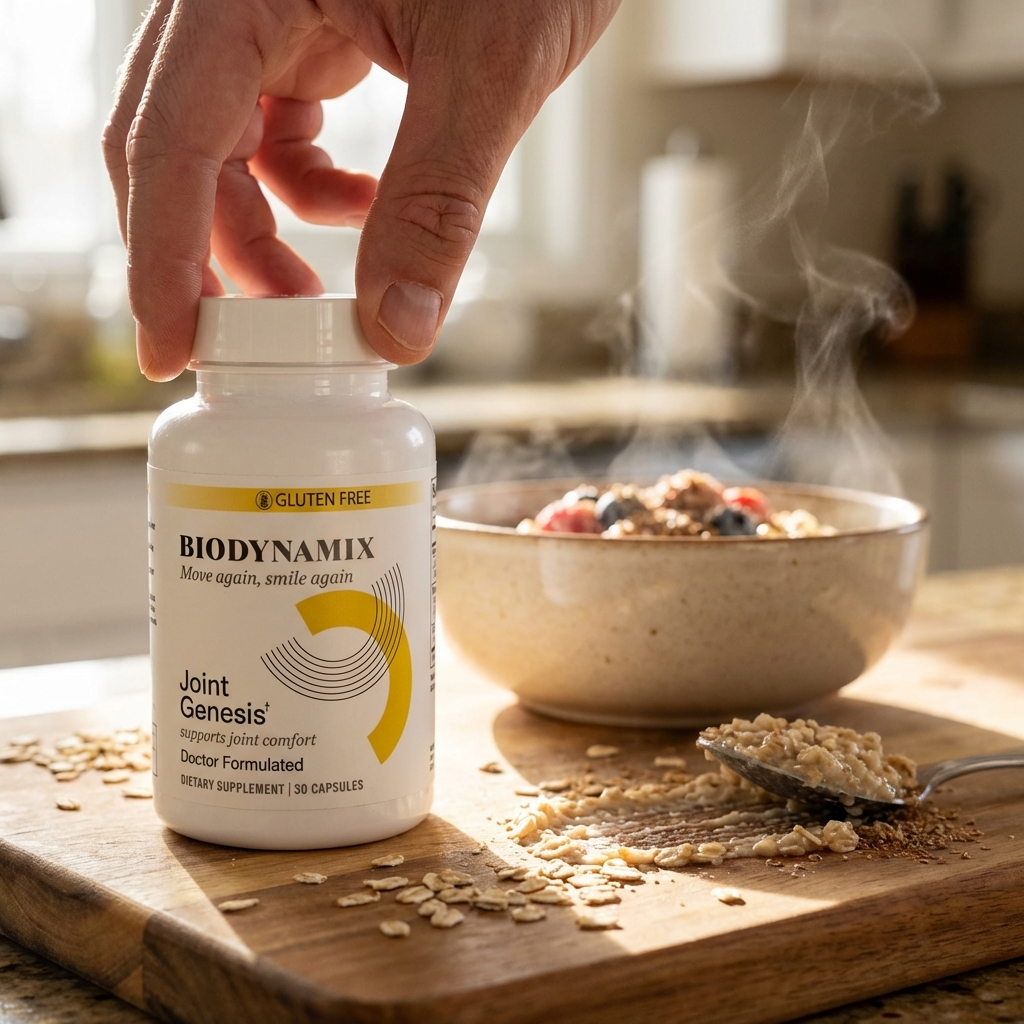Joint Genesis bottle beside oatmeal and berries in morning light