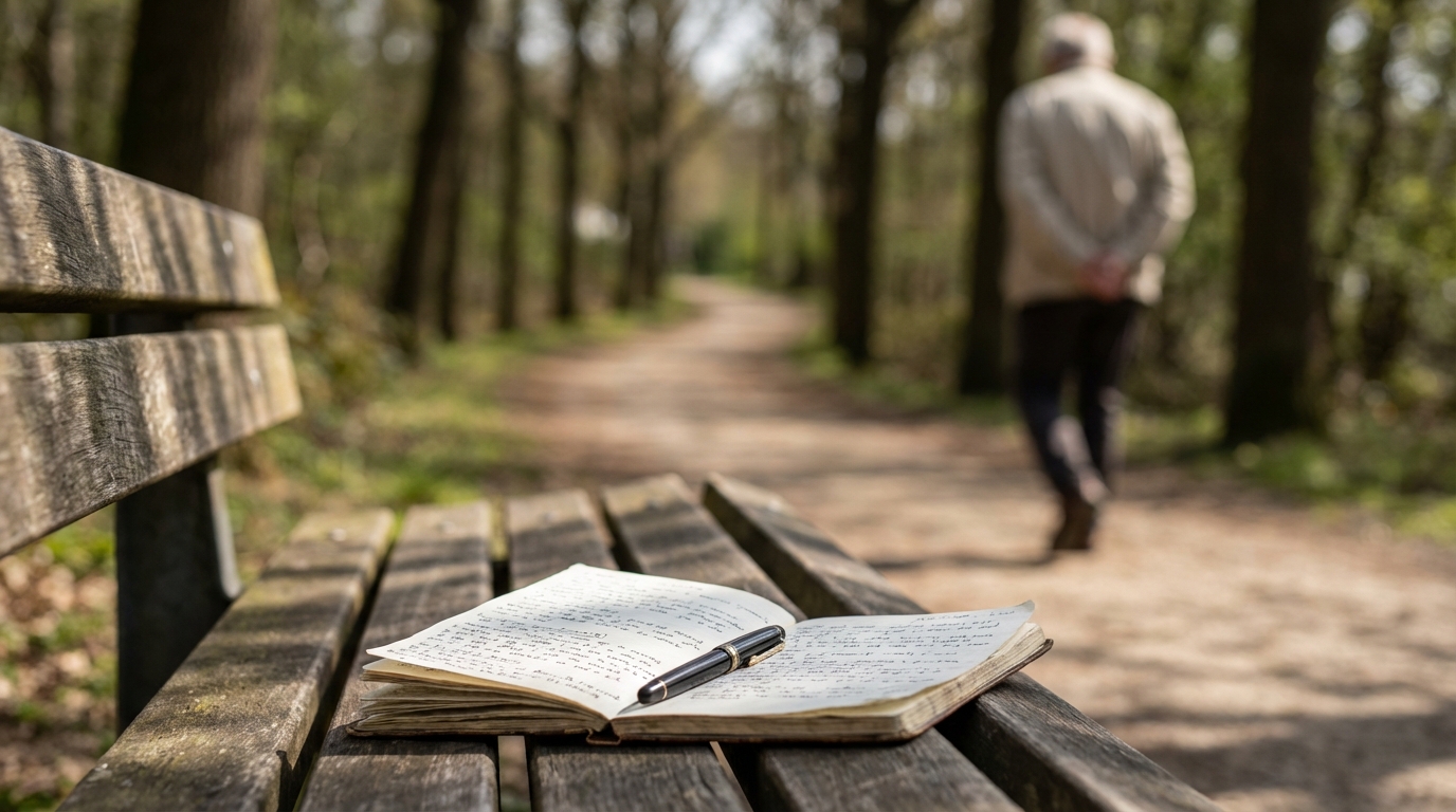 Journal on a park bench while someone walks phone-free under trees