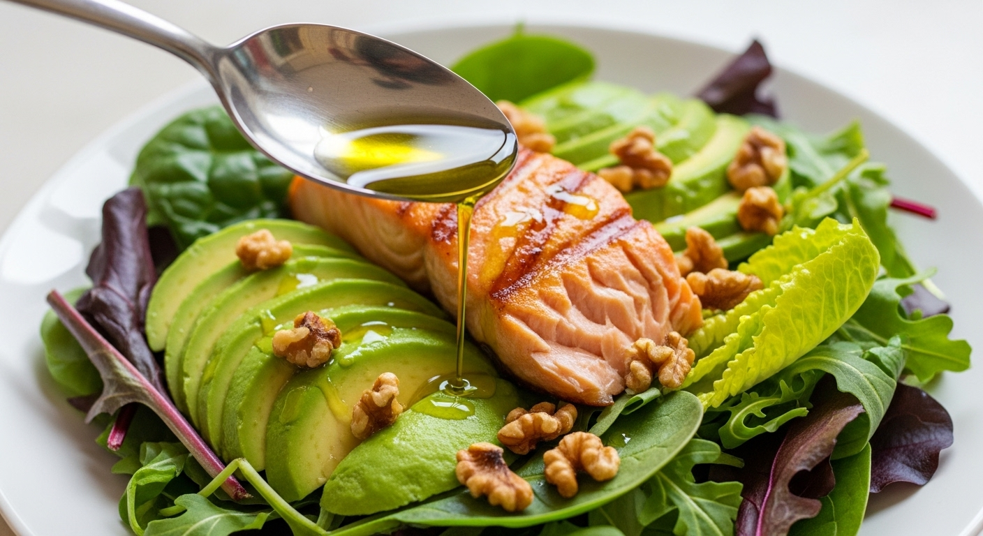 Olive oil drizzled over salad with salmon, avocado, and walnuts.