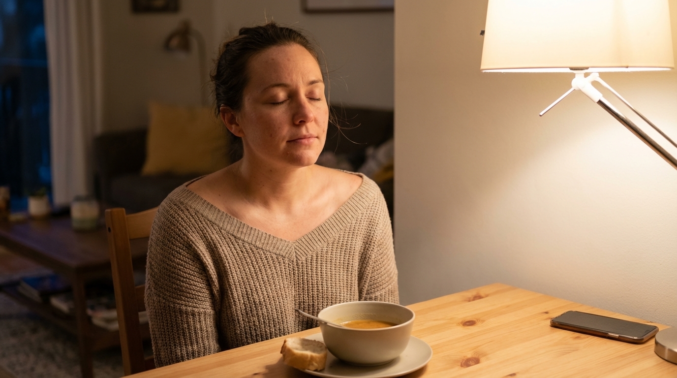 Woman pausing to breathe before a simple meal