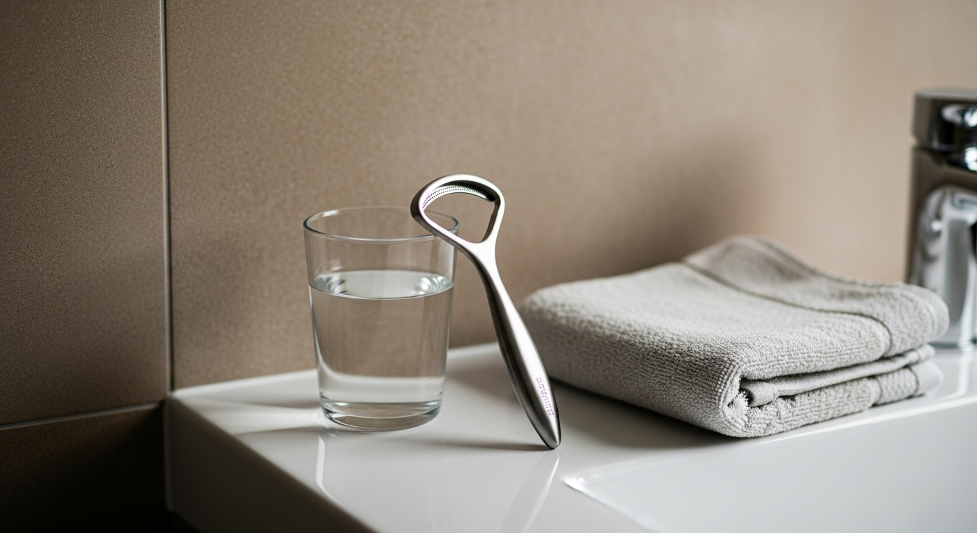 Tongue scraper and water on a calm vanity, supporting biohacking nutrition.