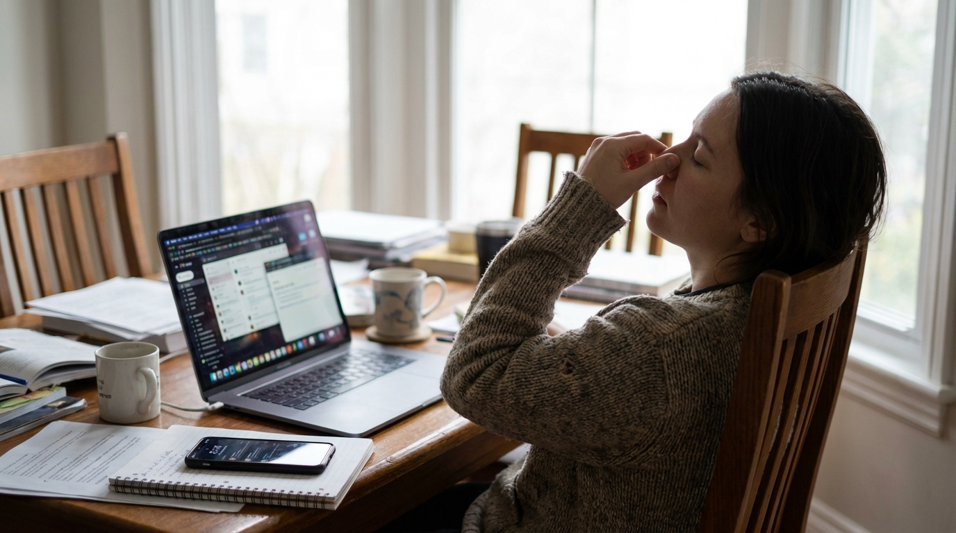 Person resting tired eyes in front of a laptop filled with open tabs.
