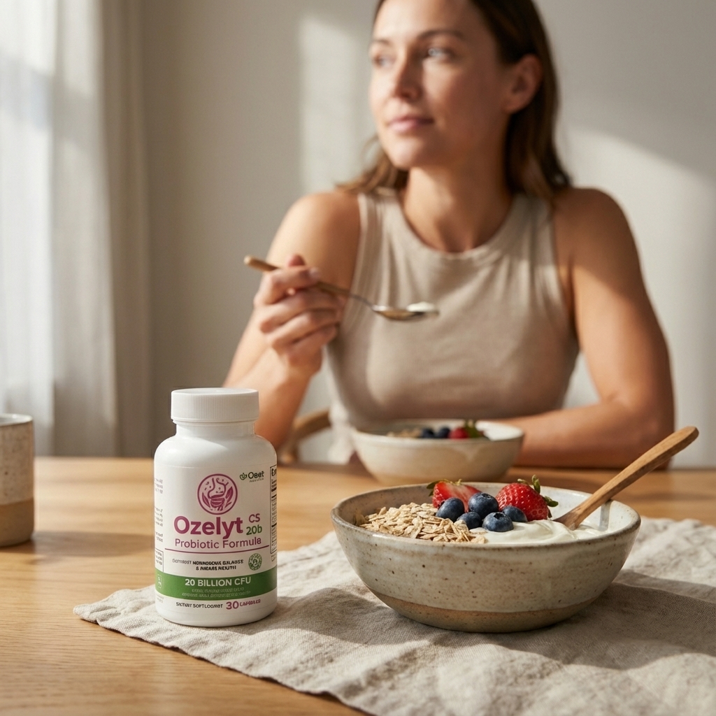Ozelyt probiotic bottle beside a simple yogurt breakfast