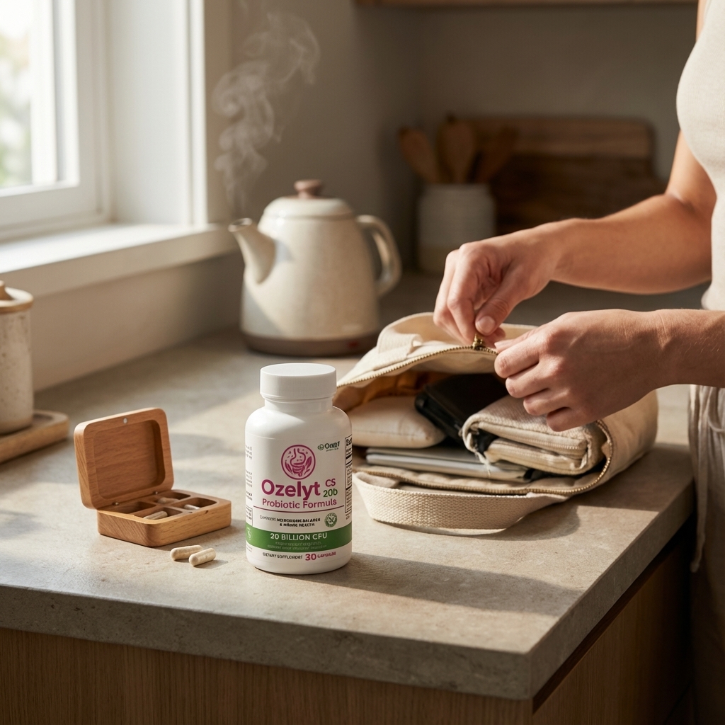 Ozelyt probiotic bottle on kitchen counter during a busy morning