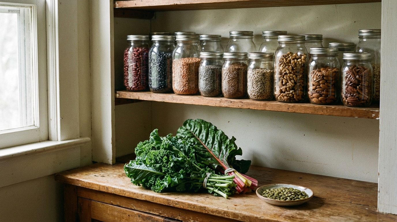 Pantry shelf with beans seeds nuts and greens nearby