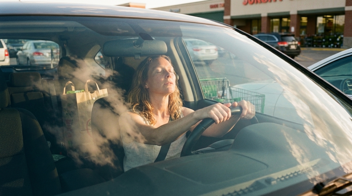 Woman paused in car after grocery store feeling overwhelmed