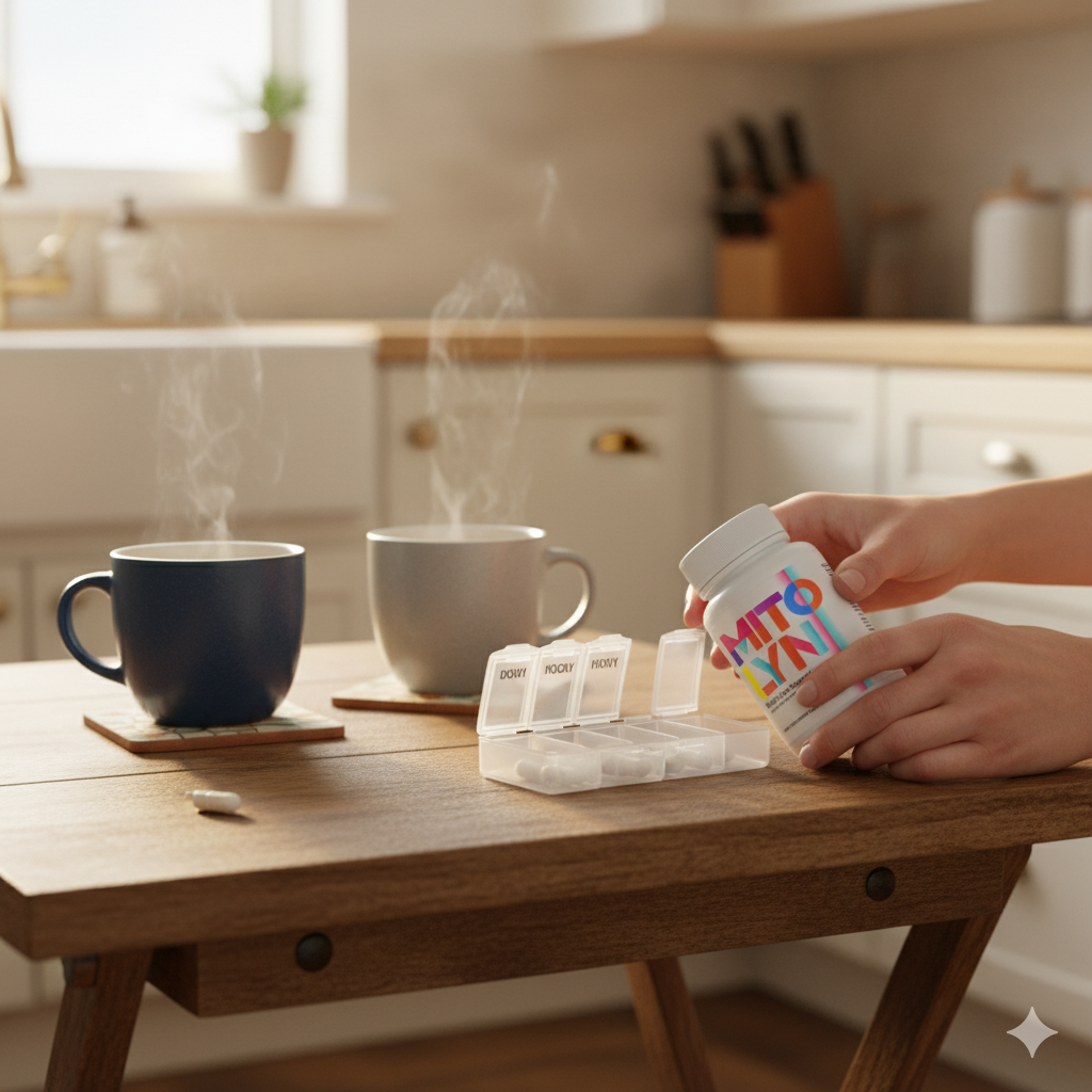Two hands adding Mitolyn to a weekly pill organizer in warm morning light.