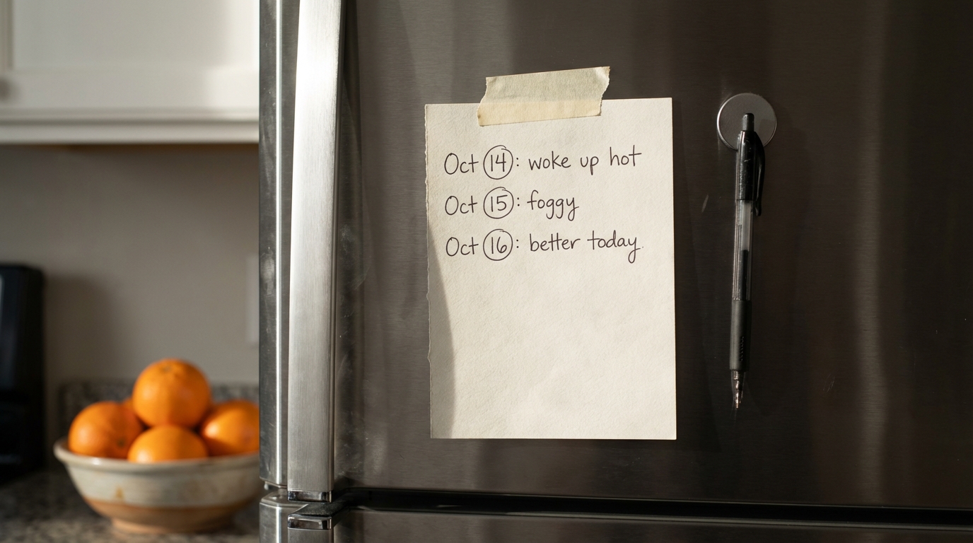 Simple symptom notes and dates on refrigerator in morning light