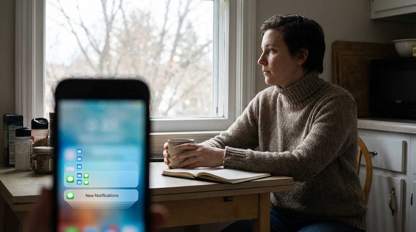 Person turning away from a buzzing phone to look out a bright morning window