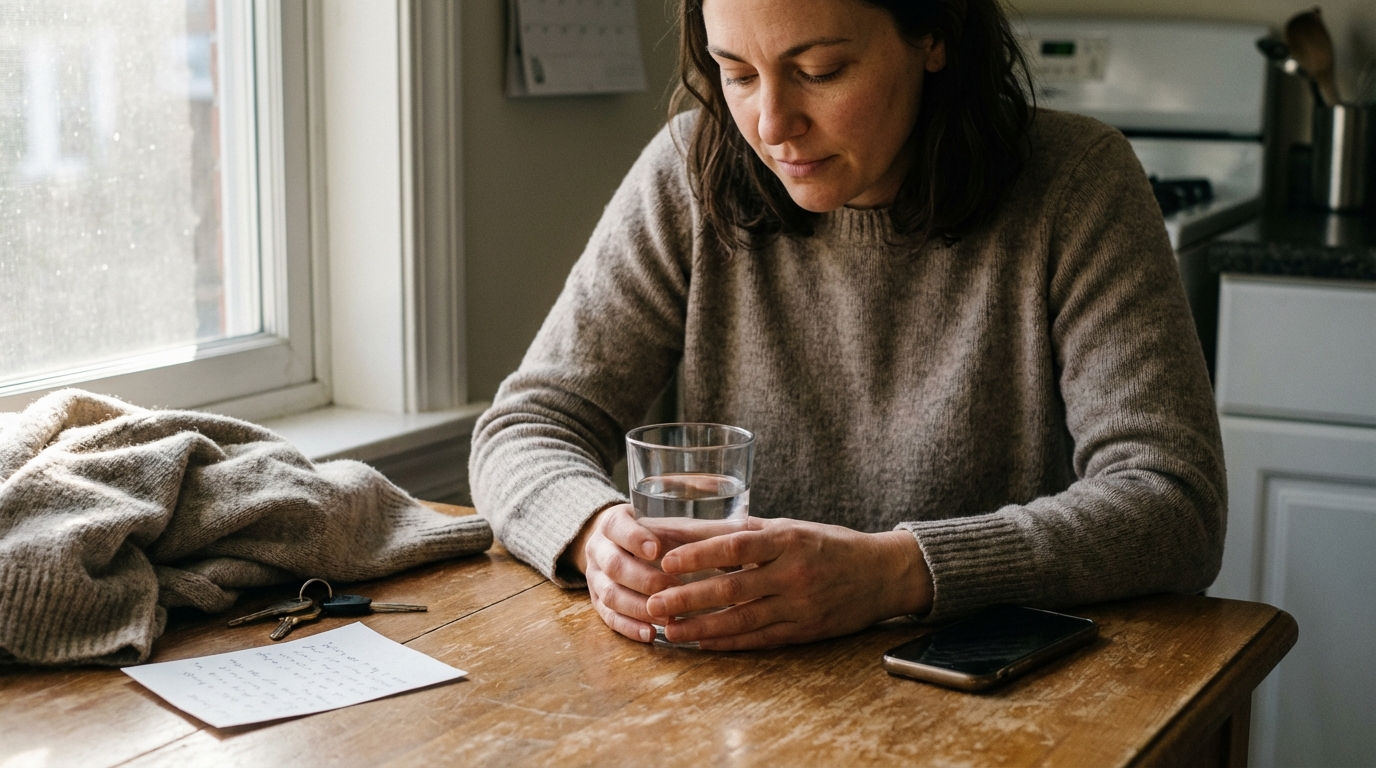 Woman choosing water before phone in morning light