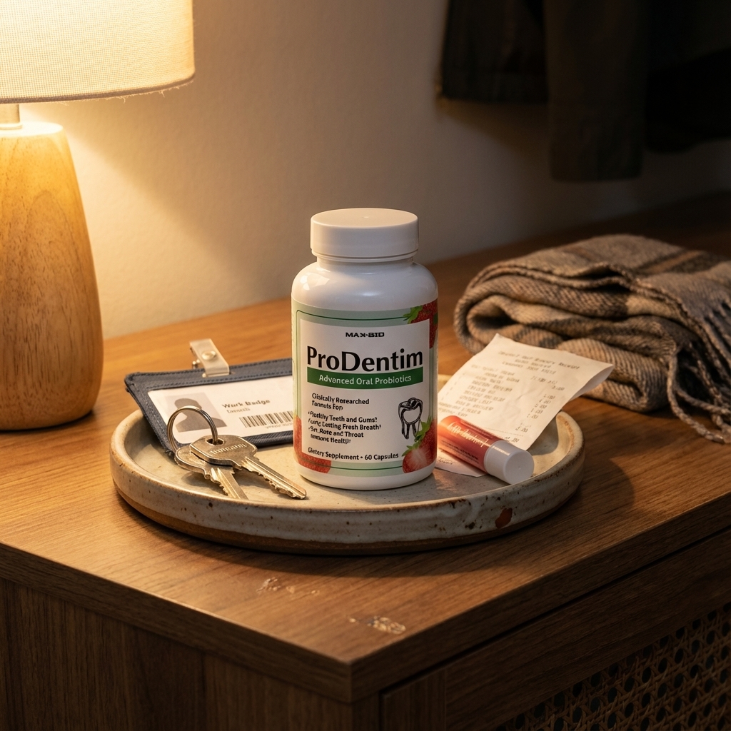 ProDentim bottle in focus on entryway tray with keys and daily essentials