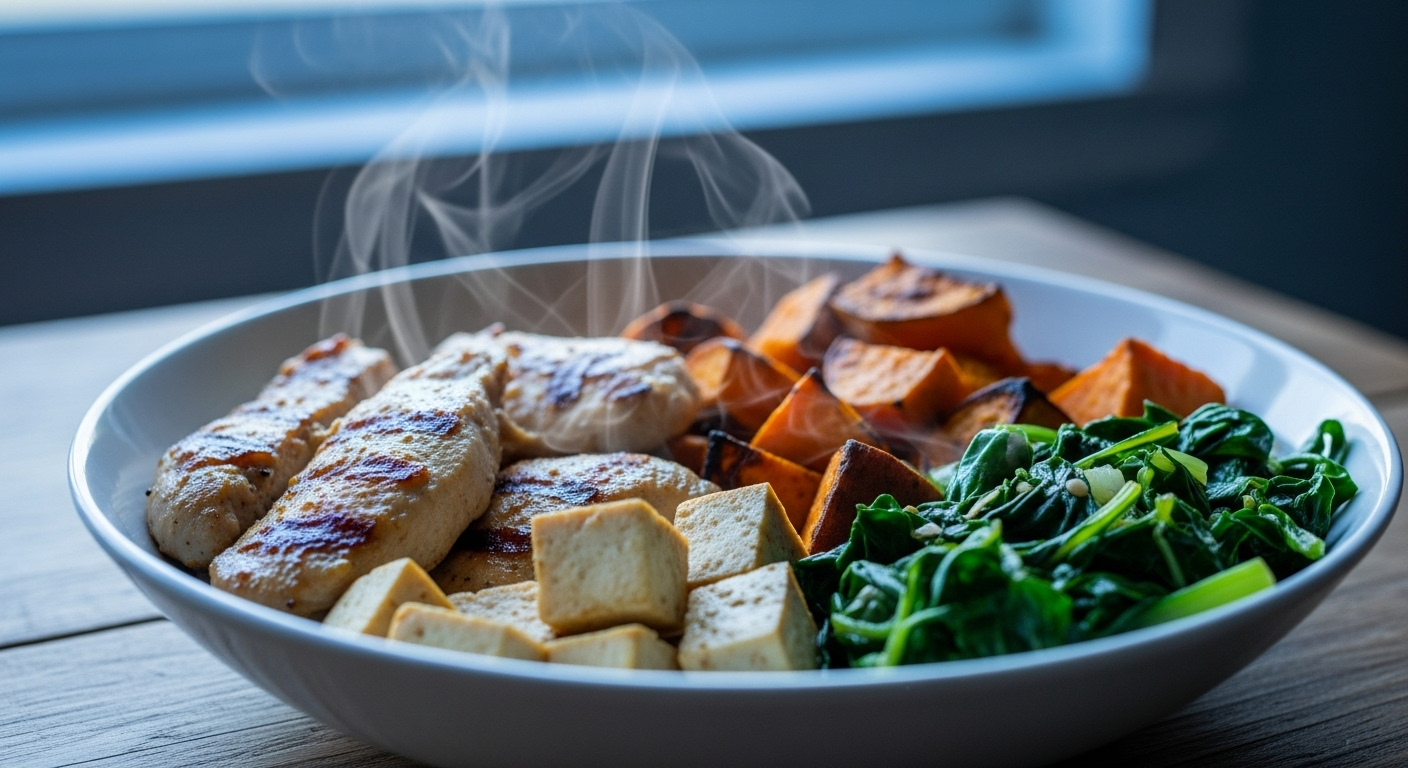 Bowl with protein, sweet potato, and greens in blue hour light.