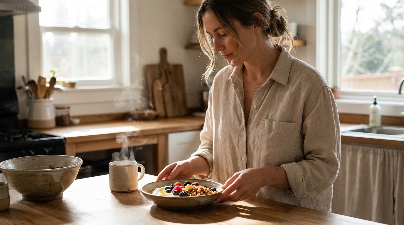 Woman preparing a simple protein-forward breakfast in morning light