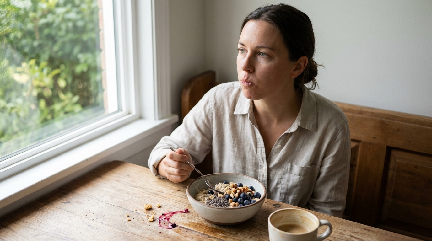 Woman eating breakfast slowly in soft morning light