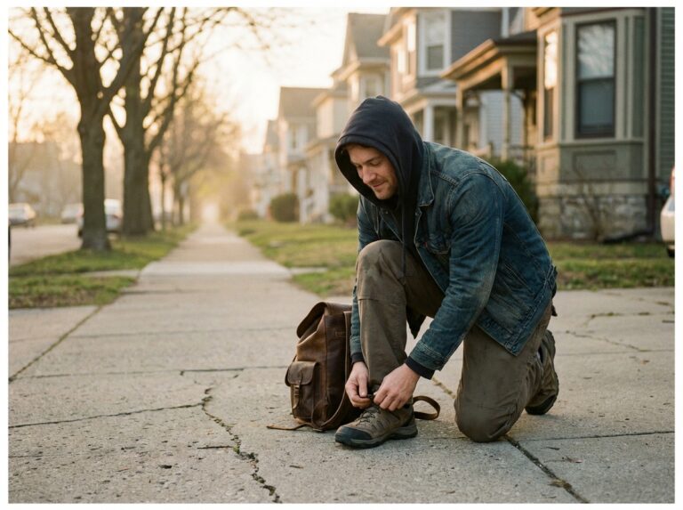 Man tying walking shoes in calm morning light