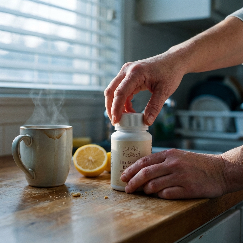 Hand opening Thyrafemme Balance beside a warm mug