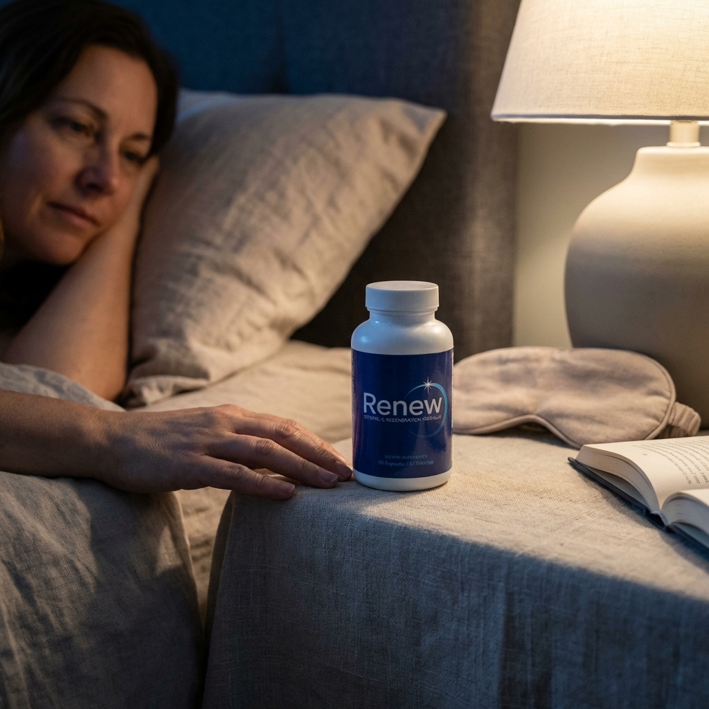 Renew bottle on a bedside table in low evening light with a woman resting nearby