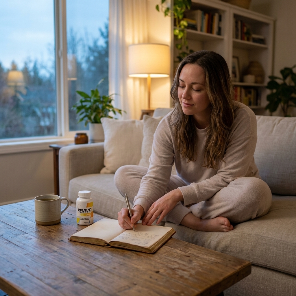 Person journaling beside a bottle of Revive Daily in soft evening light