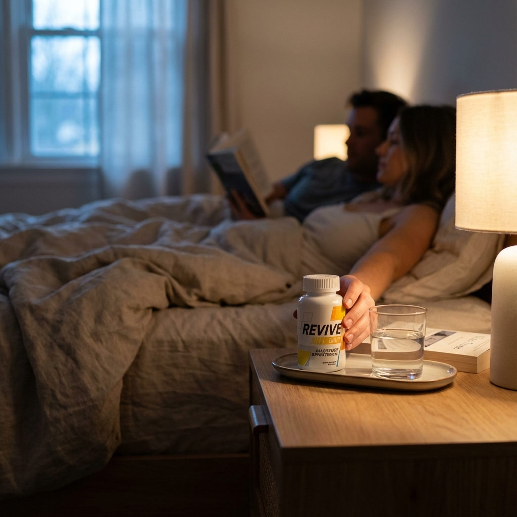 Bottle of Revive Daily on a bedroom nightstand during a calm wind-down routine