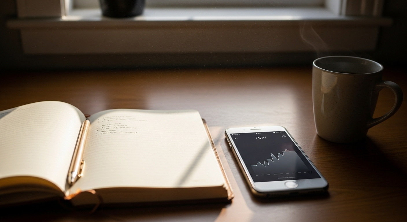 Notebook and phone HRV trend—daily heart health supplements context.