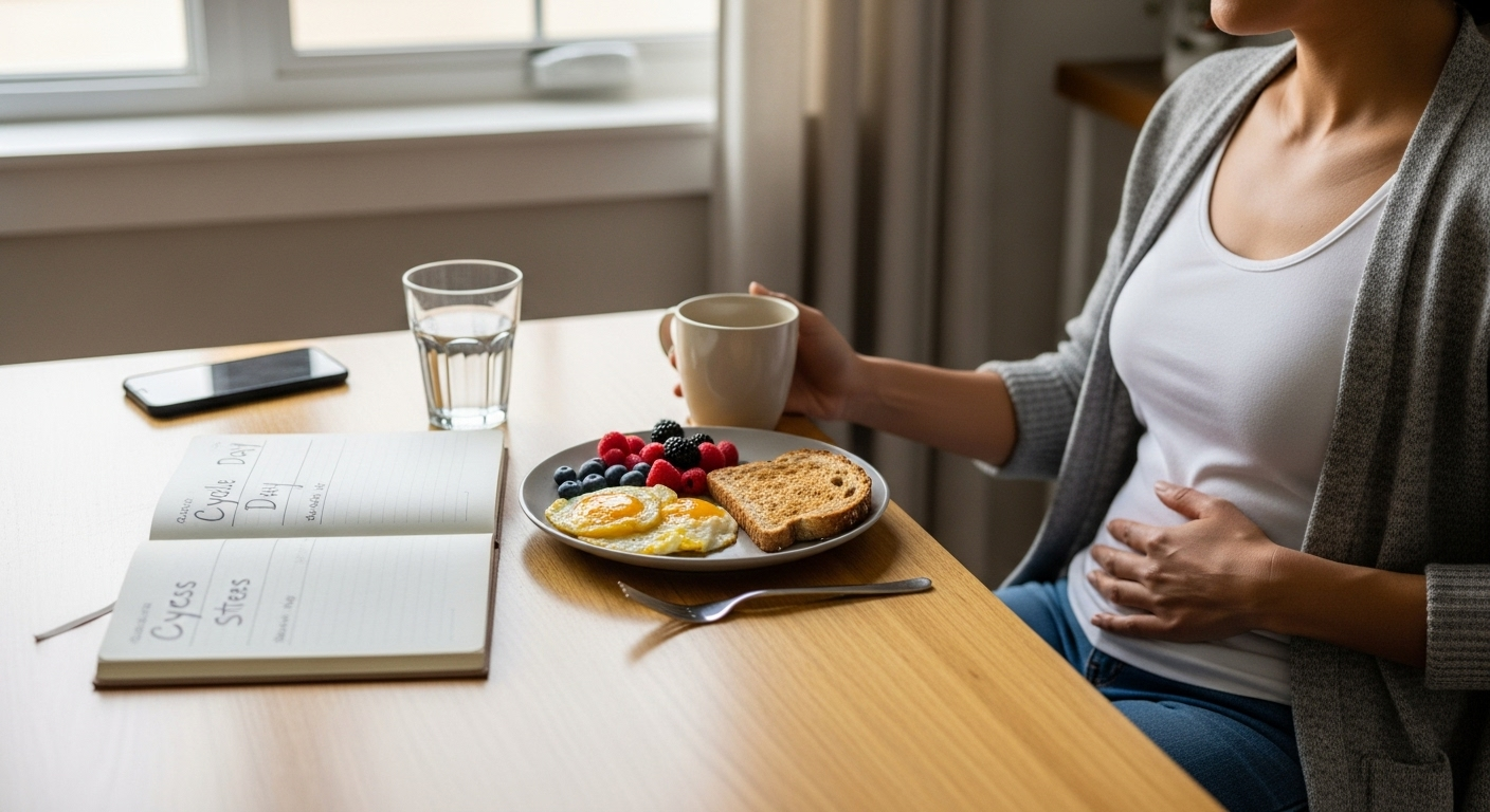 Flat-lay of notebook, eye mask, shoes, and balanced breakfast—four foundations for hormones and brain fog.