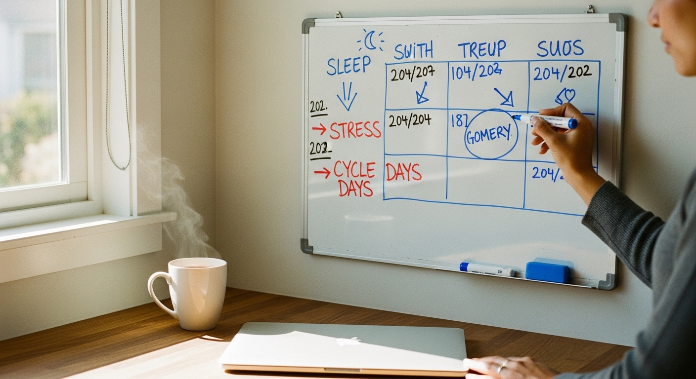 Kitchen whiteboard with simple hormone rhythm notes; hormones and brain fog context