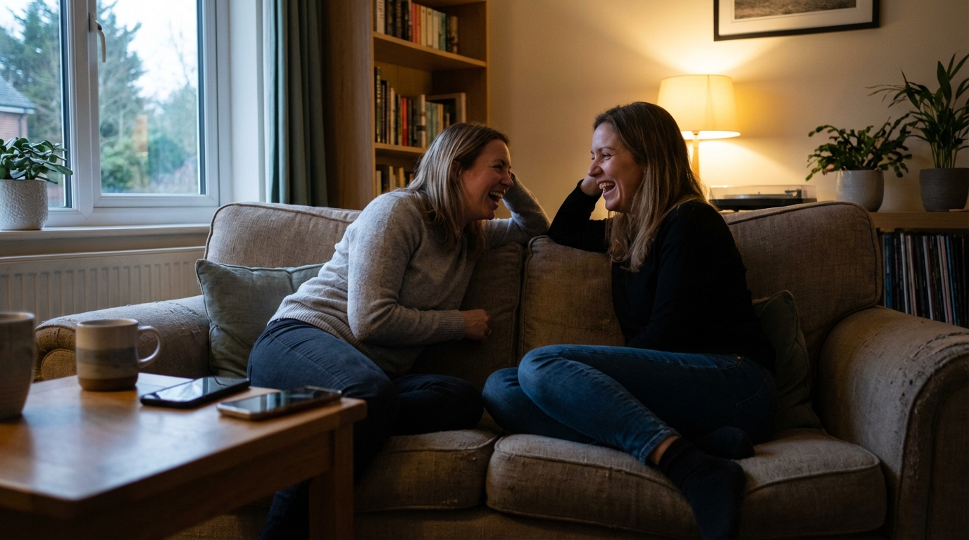 Two friends laughing on a couch with their phones face down nearby
