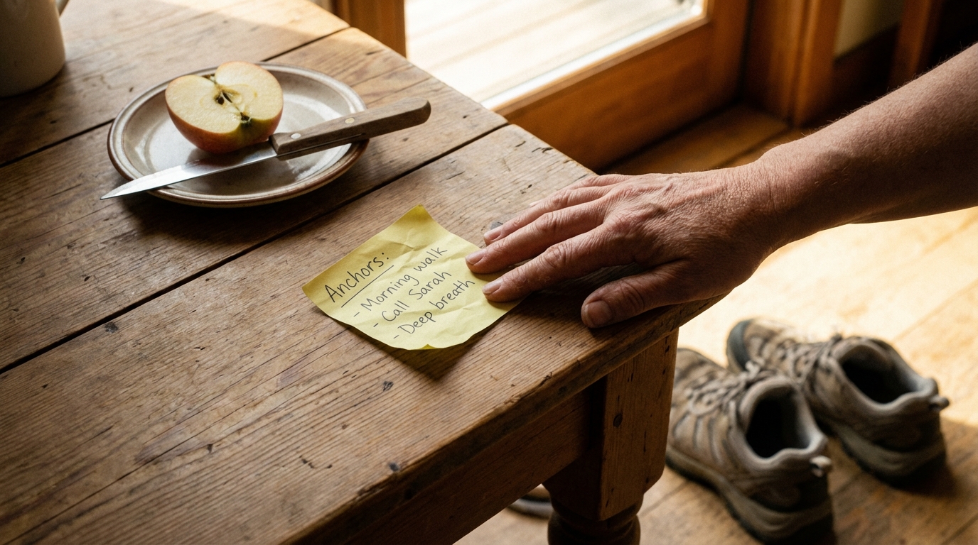 Hand smoothing a handwritten anchors list on a table beside shoes