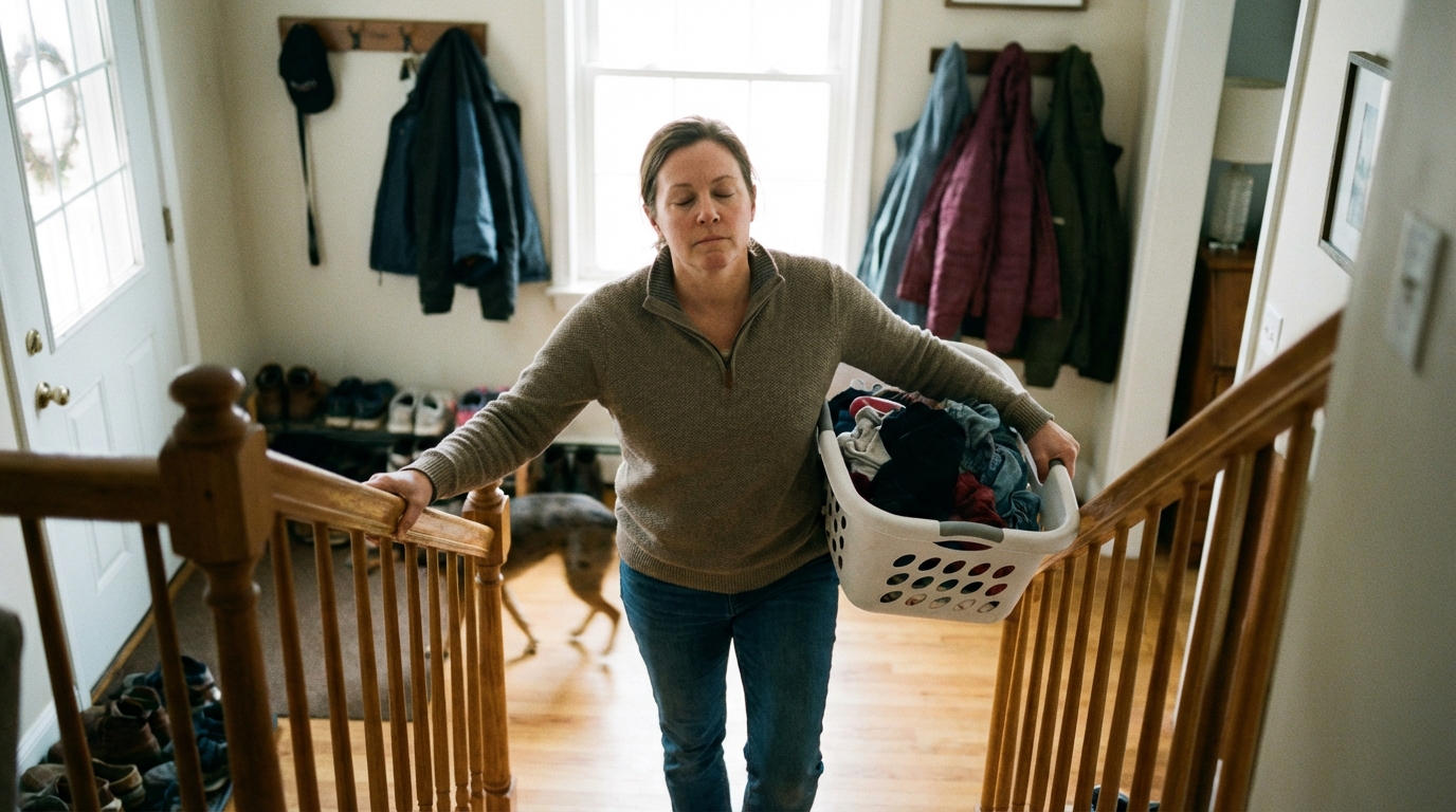 Woman pausing on stairs holding laundry basket looking tired