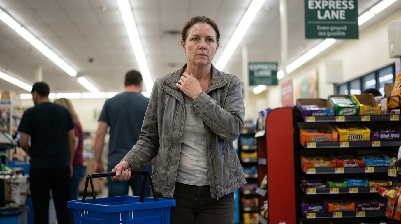 Woman in grocery checkout line looking flushed and trying to stay composed