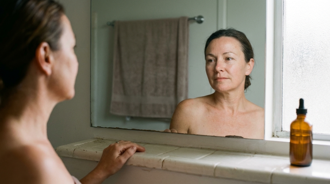 Woman looking at her reflection with a calmer more compassionate expression