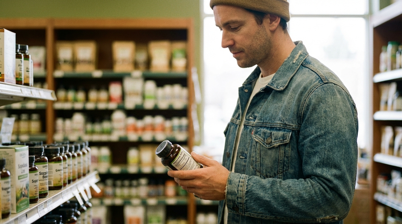 Man reading a supplement label in a store