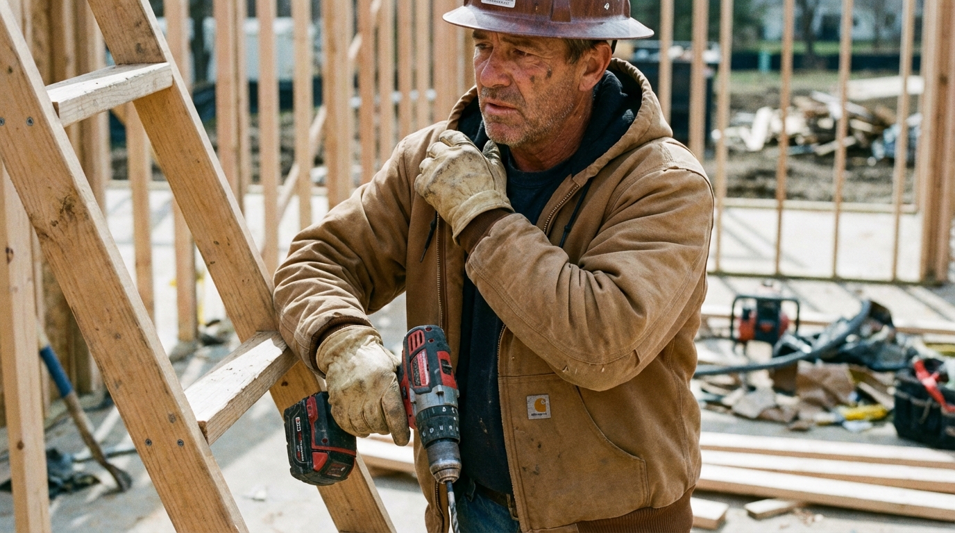 Worker pauses on ladder touching elbow