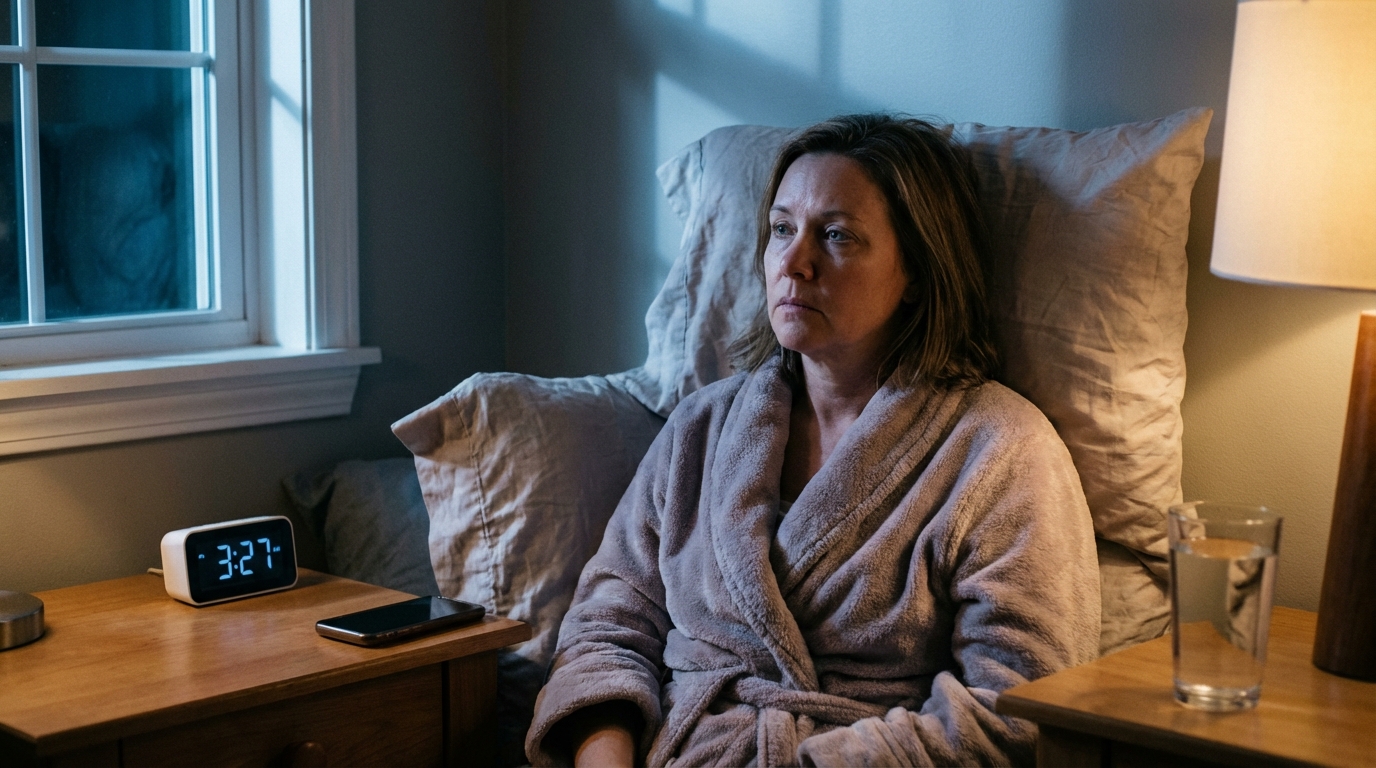 Woman awake in bed at night staring into the dark
