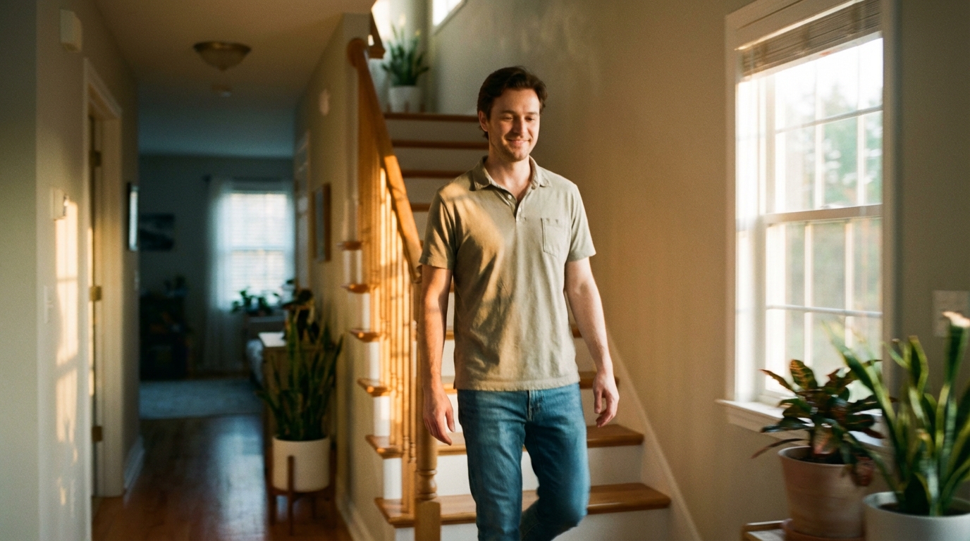 Man walking downstairs with relaxed posture