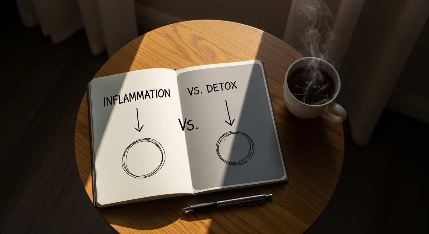 Open notebook with simple diagrams in soft natural light, tea nearby.