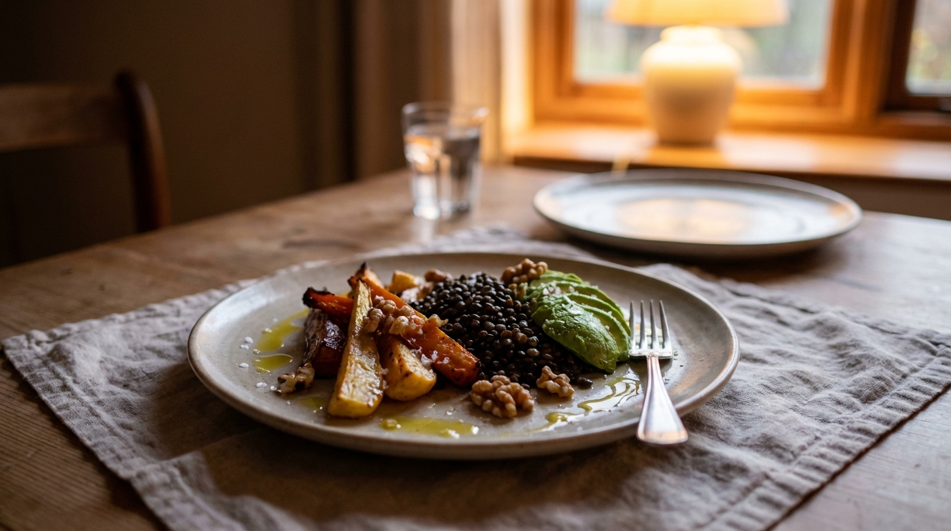 Dinner plate with vegetables and healthy fats in warm dusk light