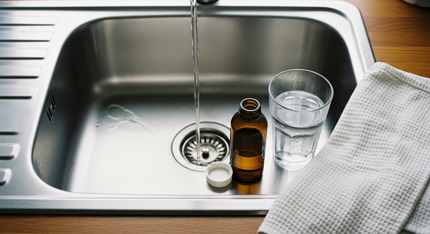 Open bottle by sink—daily heart health supplements rethink.