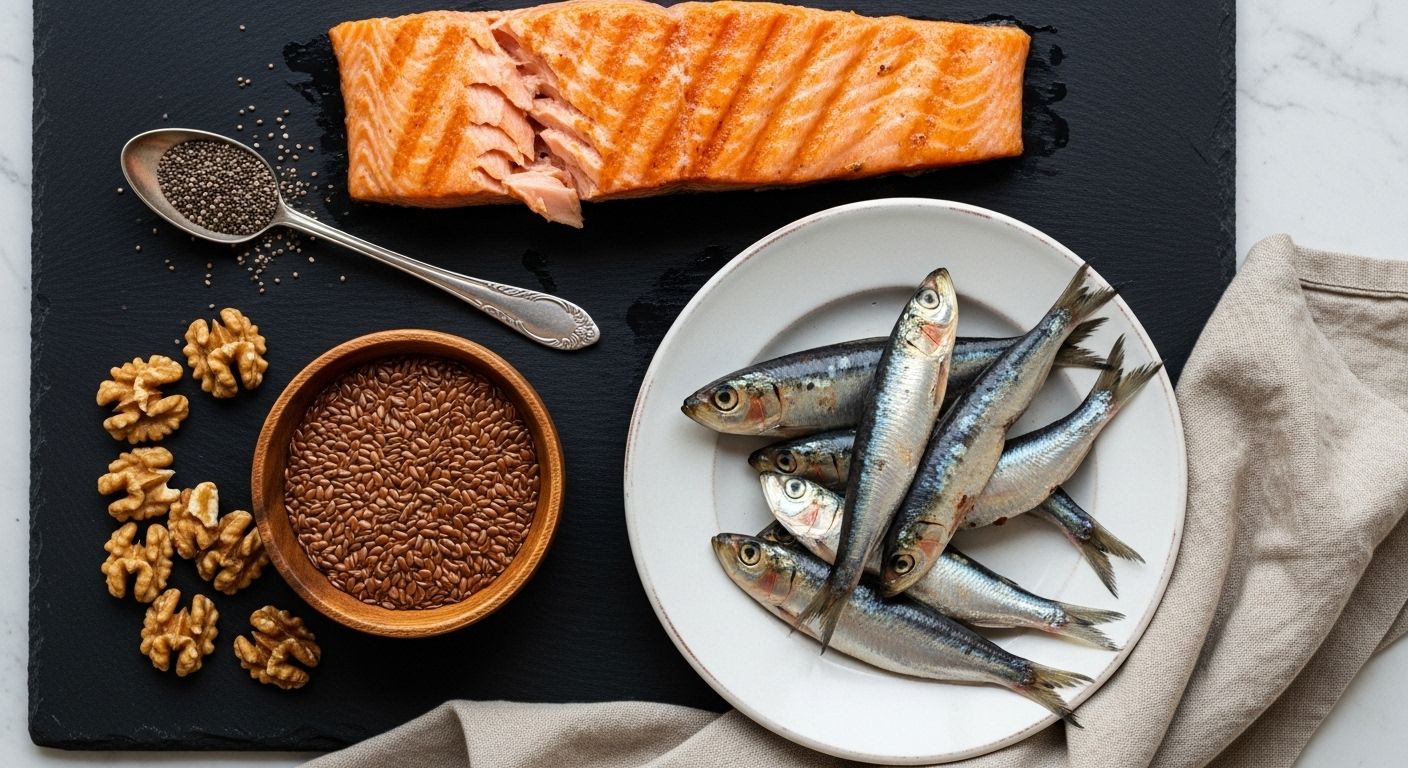 Salmon, sardines, flax, chia, and walnuts arranged on a slate board.