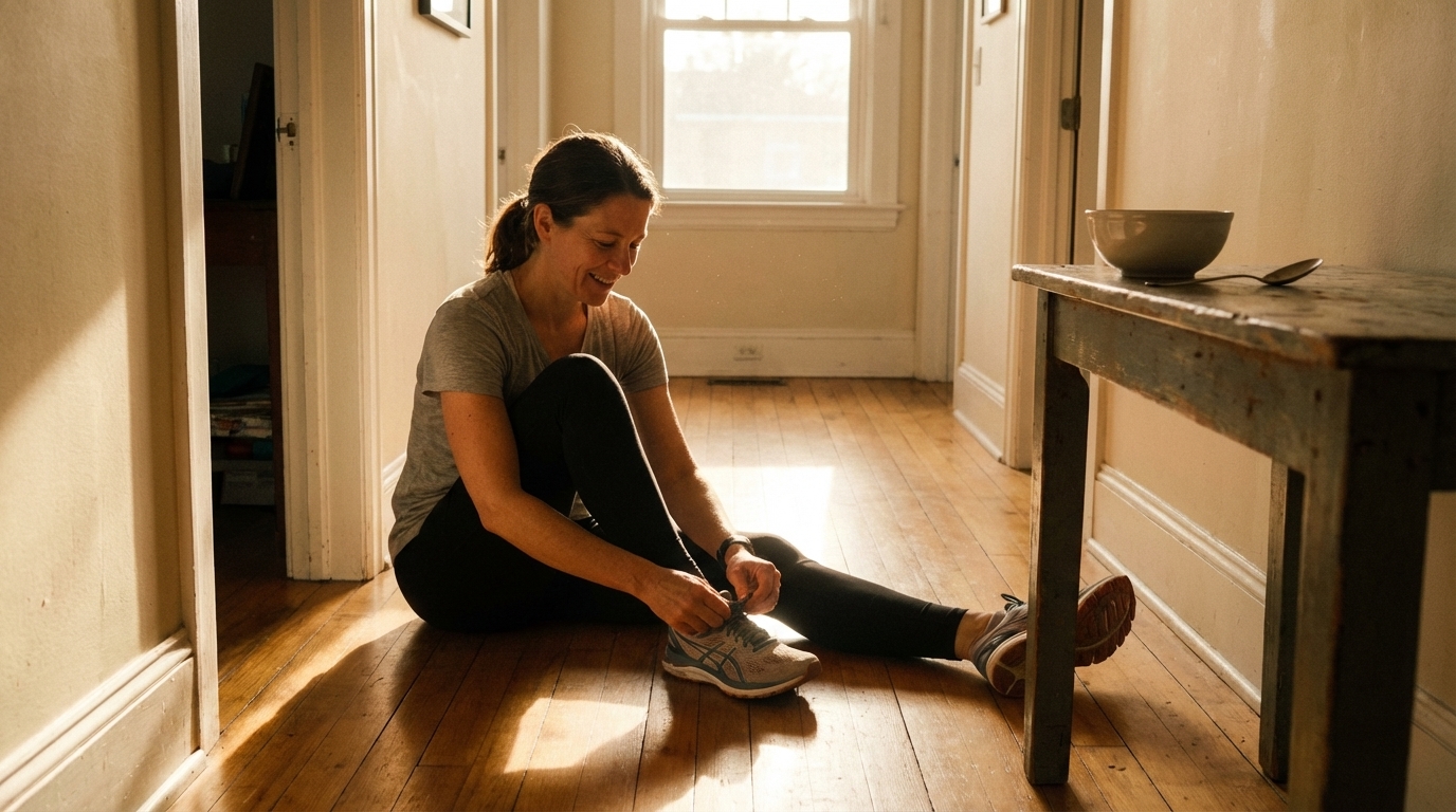 Woman tying sneakers in morning sunlight
