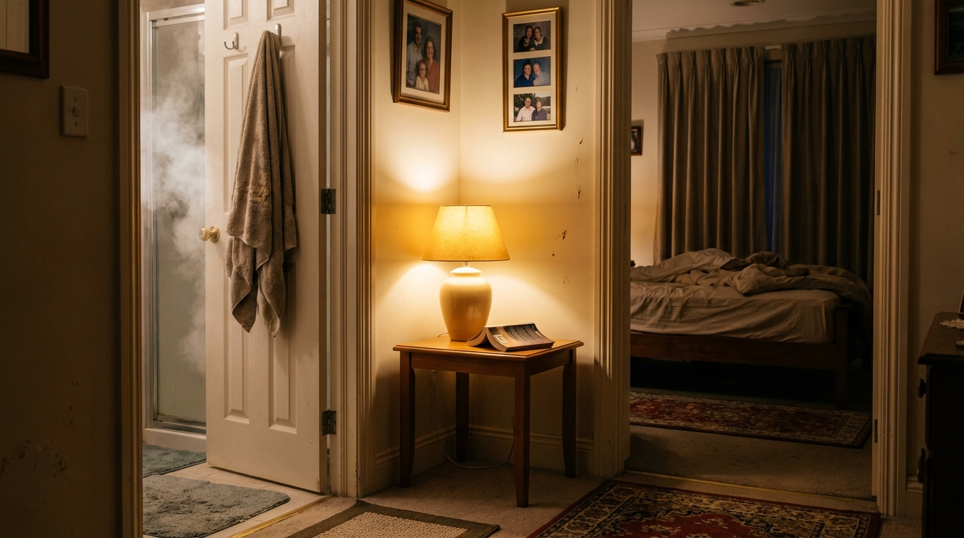 Warm hallway with small evening rituals visible in different rooms