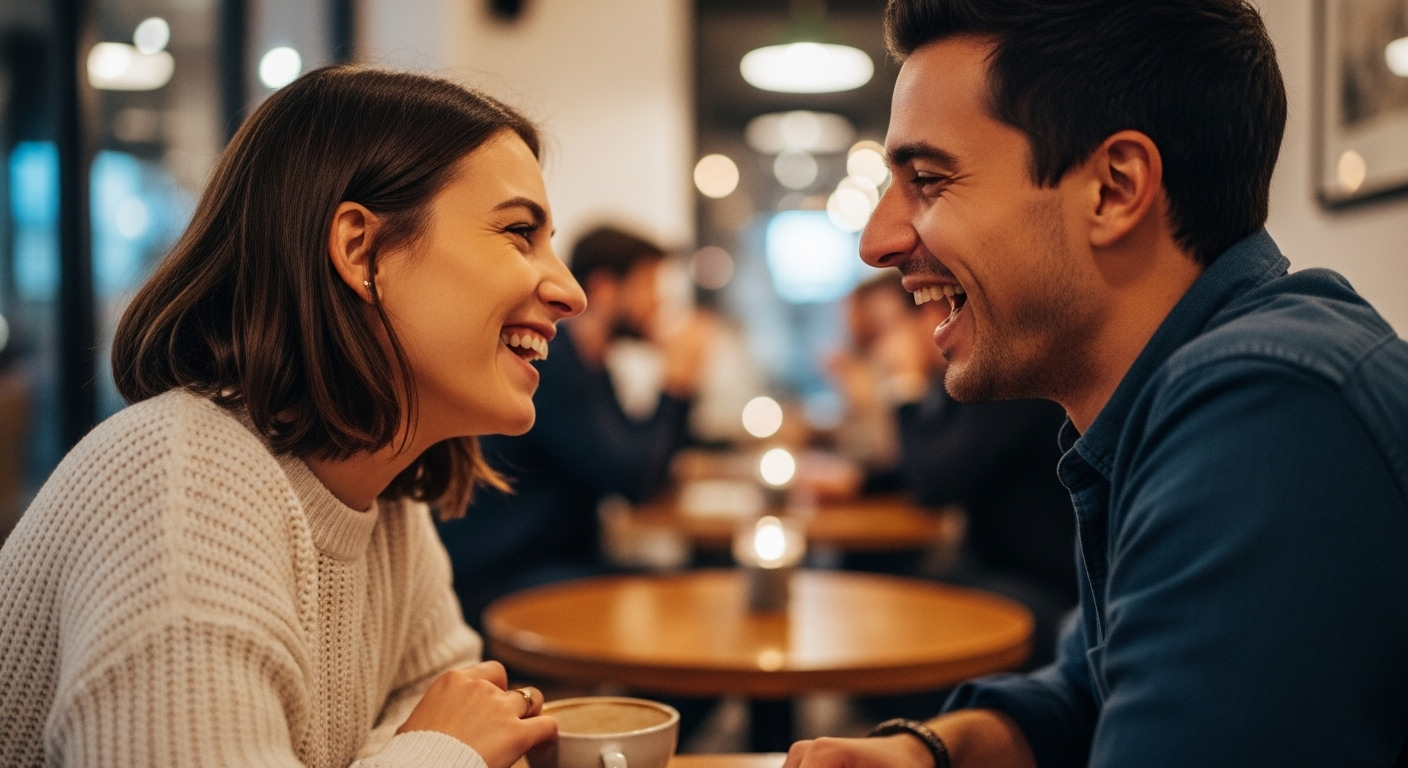 Friends converse in café; social connection supports brain health.