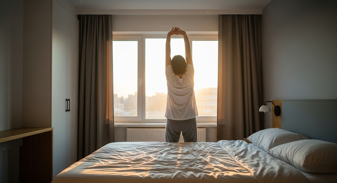 Person stretching by a bright bedroom window on a calm morning.