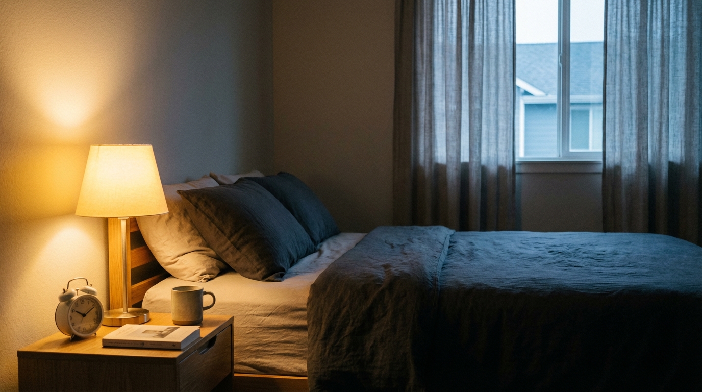 Cozy, screen-free bedroom with soft light and a simple analog clock.