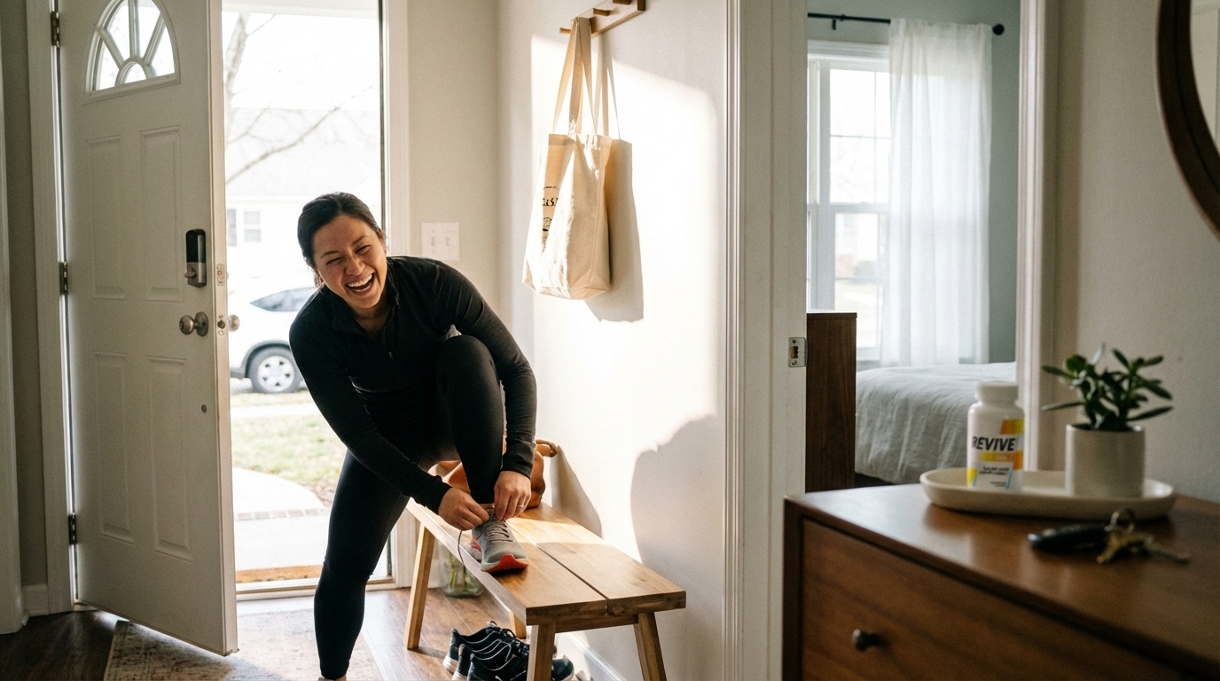 Person tying shoes by the door in morning light